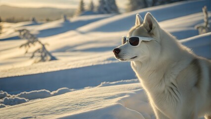 White Husky in Funky Glasses Standing in a Snowy Landscape