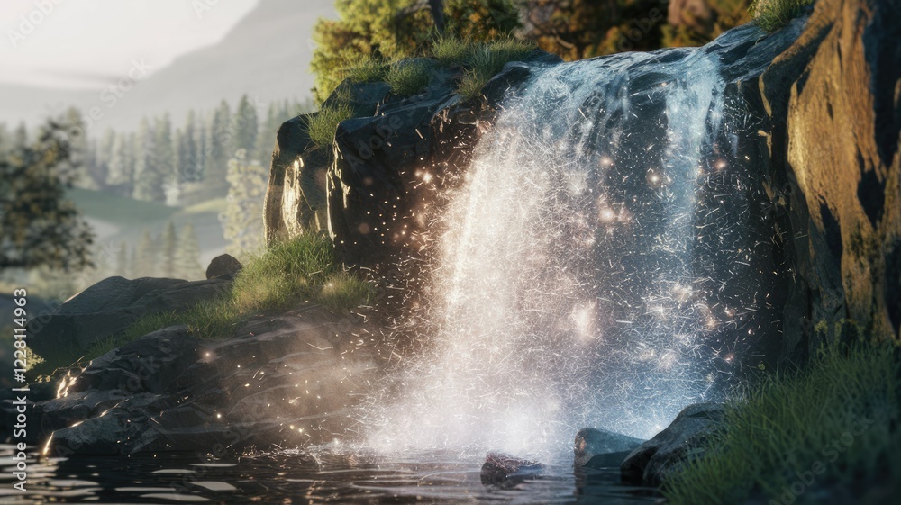 Poster Magical waterfall cascading down mossy rocks in a serene forest, sparkling with enchanting light.