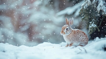 Obraz premium A rabbit hops through a snowy winter forest, its white fur blending with the pristine snow as the serene beauty of the season surrounds it.