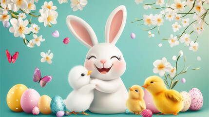 Kawaii-style vector art of a smiling Easter bunny hugging a tiny chick