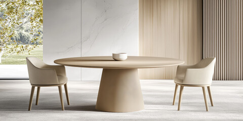 Modern round table with upholstered chairs in the interior of the combined kitchen living room. 