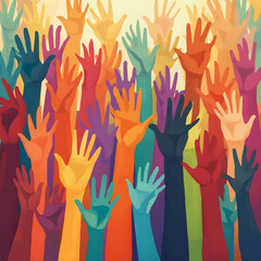 Vibrant illustration that represents the concept of diversity. It features a multitude of hands in various colors reaching upwards, symbolizing unity and cooperation. 
