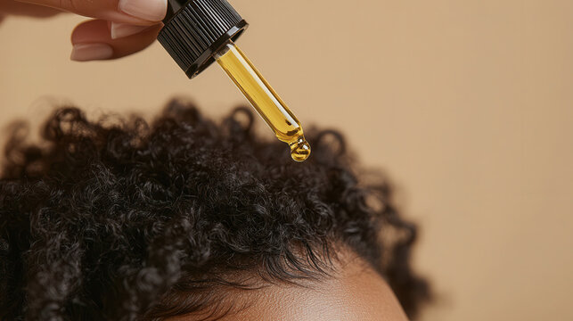 A close-up of a hand applying oil to curly hair against a beige background, capturing a moment of self-care and nourishment, hair serum