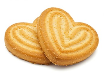 Fototapeta premium Golden brown heart shaped cookies with a crumbly texture isolated on a white background