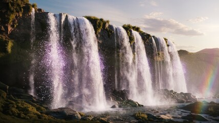 Majestic waterfall cascading down a rocky cliff face, illuminated by a soft, ethereal glow.
