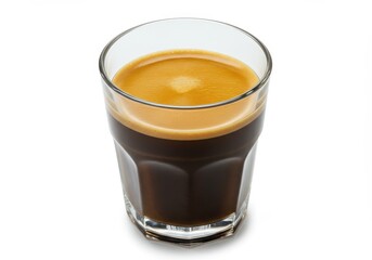 A glass cup filled with dark rich espresso topped with a layer of golden crema isolated on a white background