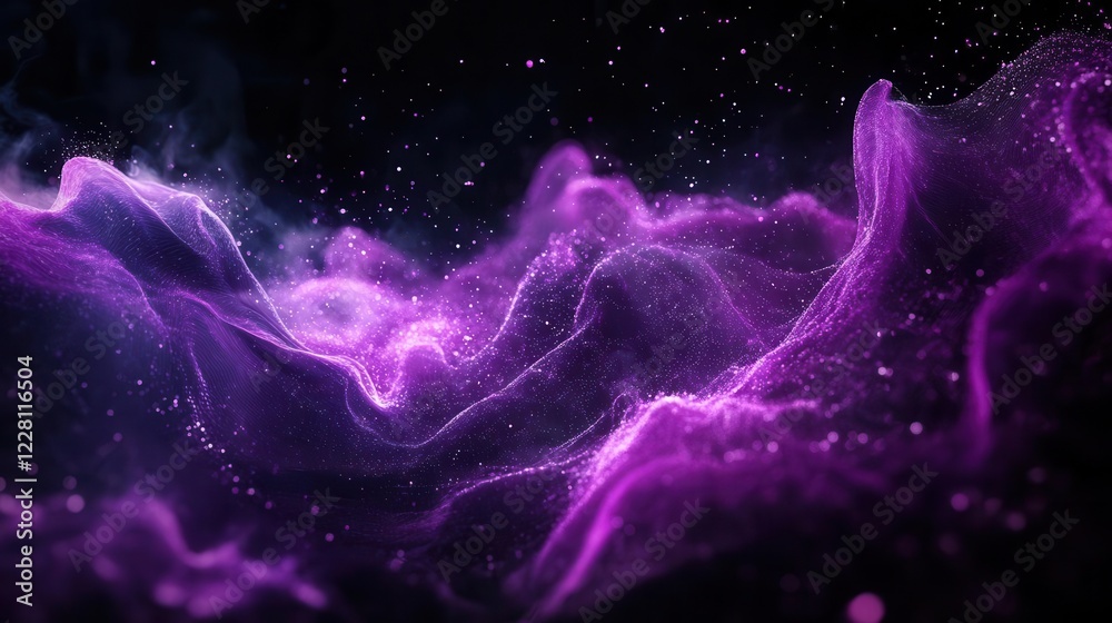 Fototapete abstract digital waves in deep purple and ultraviolet, flowing through dark space with particle effects
