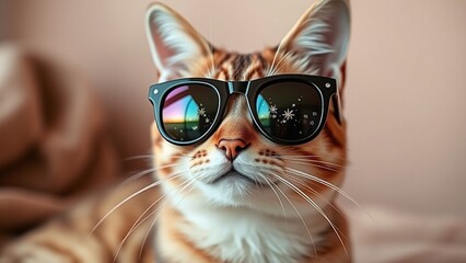 Naklejka premium Cool cat wearing sunglasses with a stylish expression and colorful reflections