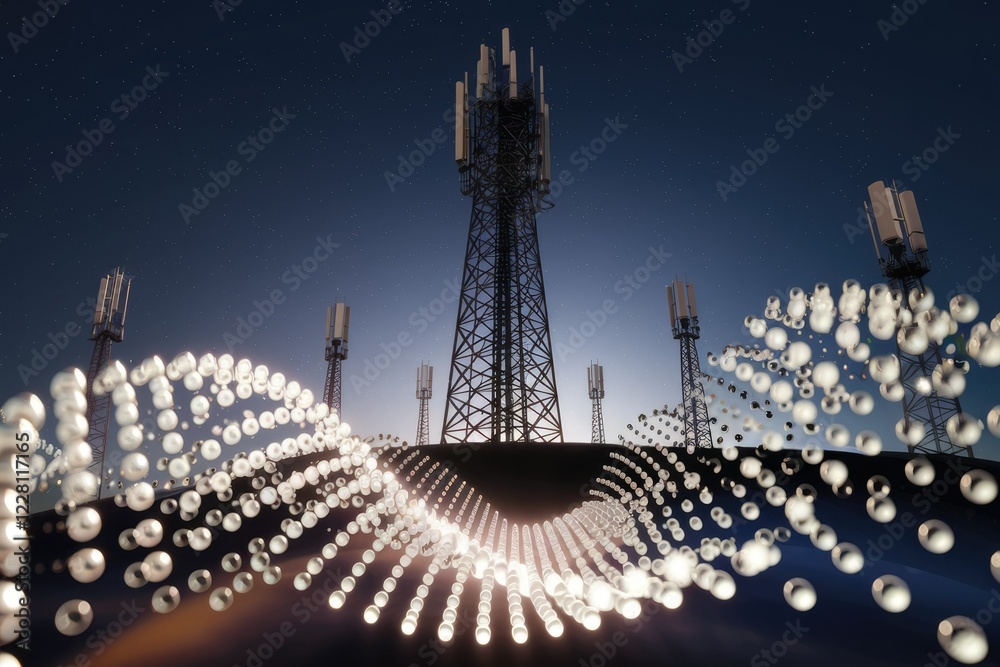 Poster Multiple cellular towers connected by a digital wave, symbolizing global communication networks.