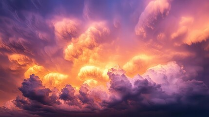 Obraz premium dramatic sunset sky filled with cotton-candy pink and purple clouds, golden light filtering through layered formations