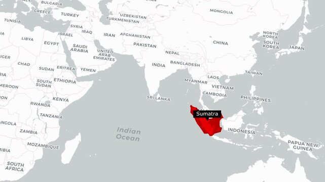 High-resolution political map of Sumatra featuring country borders, regions, and geographic landmarks.