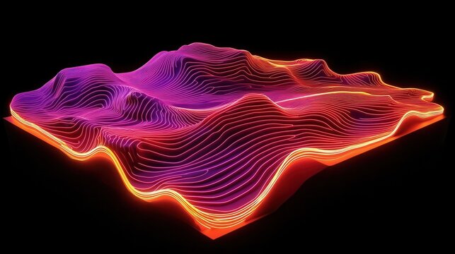 dynamic 3d topographic map with glowing neon contour lines floating above a dark background, creating a futuristic terrain visualization