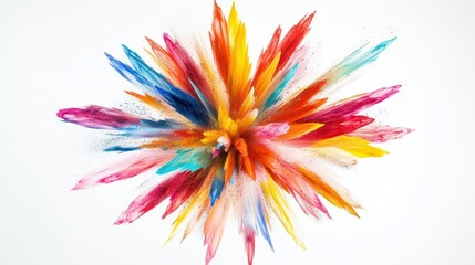 dynamic powder explosion photography with vibrant colors bursting in multiple directions against pure white background