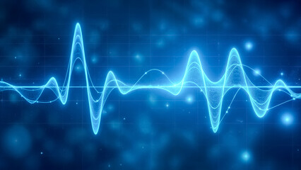 Naklejka premium A vibrant display of blue energy waves undulating across a digital canvas, illustrating sound or data patterns in a modern, abstract style that evokes technology.