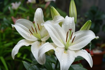 Fototapeta premium Two beautiful white lilies with raindrops blooming in a garden
