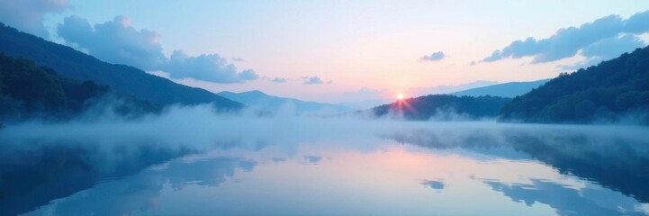 Fototapeta premium Softly glowing blue mist rises from a serene lake at dawn, gentle waters, lake water, sky bright blue pastel clouds