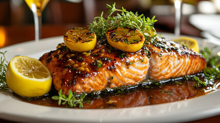 A Stunningly Plated Baked Salmon with a Sweet and Tangy Honey Mustard Glaze, an Exquisite Culinary Delight