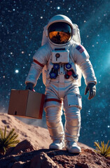 Vertical photo of an astronaut in a space suit carrying a cardboard box over a rocky area against the backdrop of a starry sky.