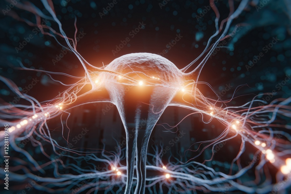 Poster Microscopic view of a neuron, showcasing its intricate network of dendrites and synapses transmitting signals.