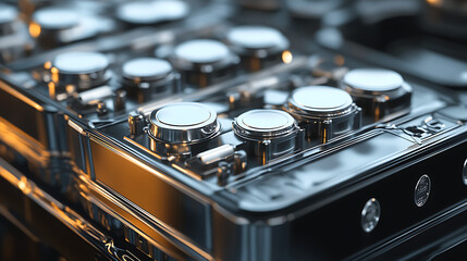 A close-up shot of a modern lithium-ion battery, with clear details of its metallic casing and electrical terminals. The image should emphasize the technology and design of the battery.