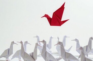 Banner. Many white origami birds with one red one flying over them on a white background. A photograph illustrating an opinion different from the crowd. © Krystsina
