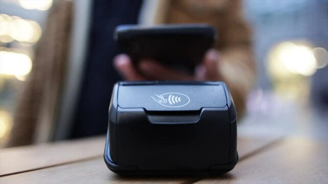 Contactless payment proceeding with smartphone near pos terminal on wooden surface, showcasing secure digital transaction leveraging near field communication technology - Powered by Adobe