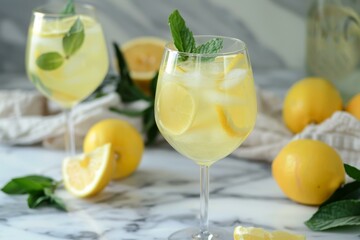 Fototapeta premium Two glasses of a refreshing lemon cocktail with ice, lemon slices, and mint sprigs are presented on a marble surface with lemons scattered around