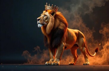 Obraz premium Illustration. An adult lion wearing a golden crown on a dark burning background. King of Beasts.