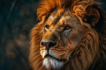 Fototapeta premium Portrait of a magnificent male lion with a lush mane, exuding power and serenity in the warm light of the setting sun