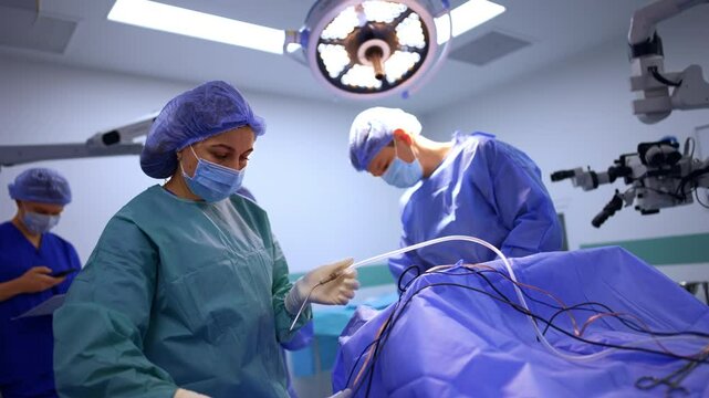 Female nurse untangles the wires of tool devices lying on the patient. Medical team is getting ready for neurosurgery.
