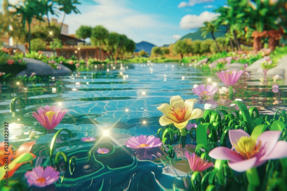 Poster Serene stream flows through a lush paradise, adorned with vibrant flowers and sparkling sunlight.