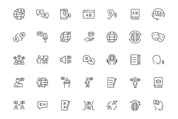 Fototapeta premium Translation icon set. Learning Language Related Vector Line Icons. Contains such Icons as Listening Skills, Text Translation, Business Language and more. Editable Stroke.