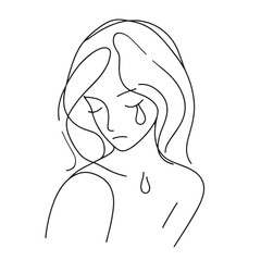 Minimal Handdrawn Single Line Vector Illustration Sad Girl Emotional Tear