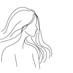 Minimal Handdrawn Single Line Vector Illustration Emotional Girl Windy Long Hair