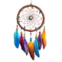 Colorful dreamcatcher with feathers and beads, isolated on transparent background