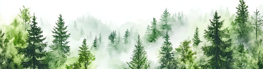 Fototapeta premium A watercolor depiction of a wild, frozen taiga with a foggy forest and a winter hill