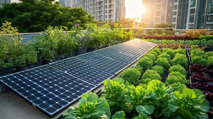 Fototapeta premium sustainable urban rooftop garden with vertical farming systems and solar panels, showcasing modern agricultural innovation