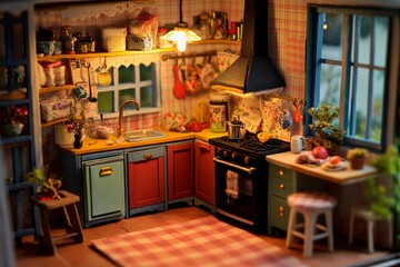 Cozy miniature kitchen filled with charm and nostalgia in vibrant colors