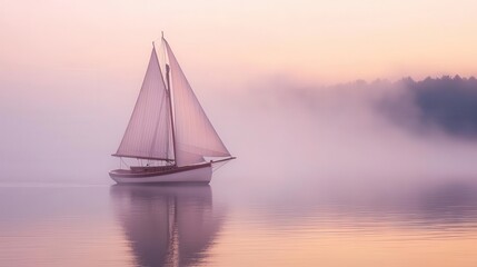 traditional wooden sailboat gliding through misty harbor at dawn, soft pastel sky, gentle ripples, atmospheric maritime scene