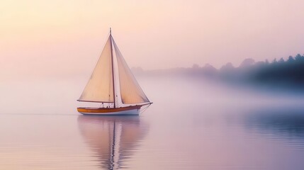 Fototapeta premium traditional wooden sailboat gliding through misty harbor at dawn, soft pastel sky, gentle ripples, atmospheric maritime scene