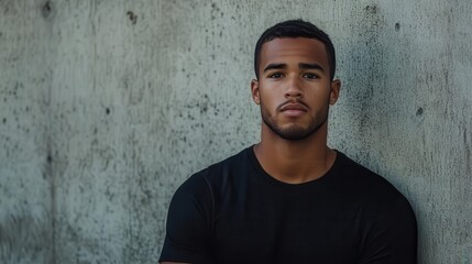 Obraz premium urban street portrait of young man in minimalist black shirt against textured concrete wall, cinematic lighting, shallow depth of field