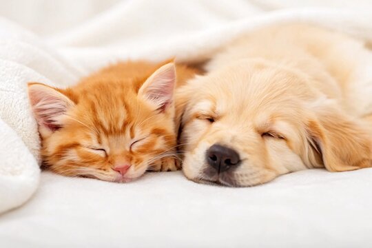 Cute Ginger Kitten and Golden Retriever Puppy Napping on White Blanket - Powered by Adobe