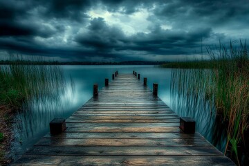 Naklejka premium Wooden dock stretches into a serene lake under a dramatic sky filled with storm clouds