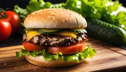 Professional Close-Up Burger Photography &ndash; Ground Beef Patty, Lettuce, Bacon, Onions, Tomatoes, Cucumbers &ndash; Isolated on Black Wooden Background for Food Advertising, Menus, Packaging & Social Media