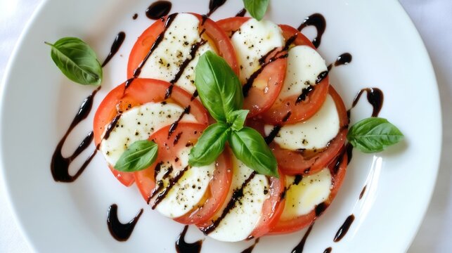 A fresh Caprese salad with slices of ripe tomato, mozzarella cheese, and fresh basil