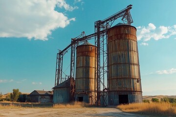 Obraz premium Vintage silos standing tall against a vibrant sky in a rural landscape