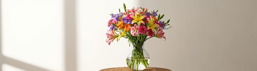 Colorful bouquet of mixed flowers including lilies, roses, and lisianthus in a clear glass vase on a wicker stool. Sunlight casting shadows on a neutral wall. For greeting cards, posters.