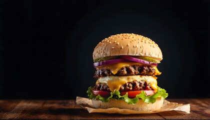 Professional Close-Up Burger Photography &ndash; Ground Beef Patty, Lettuce, Bacon, Onions, Tomatoes, Cucumbers &ndash; Isolated on Black Wooden Background for Food Advertising, Menus, Packaging & Social Media