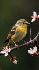 Fototapeta premium Close-Up of a Yellow-Breasted Bird Perched on a Delicate Blooming Twig