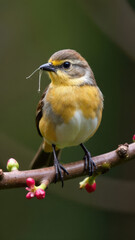 Obraz premium Small Yellow-Throated Bird Perched on a Blossom Branch
